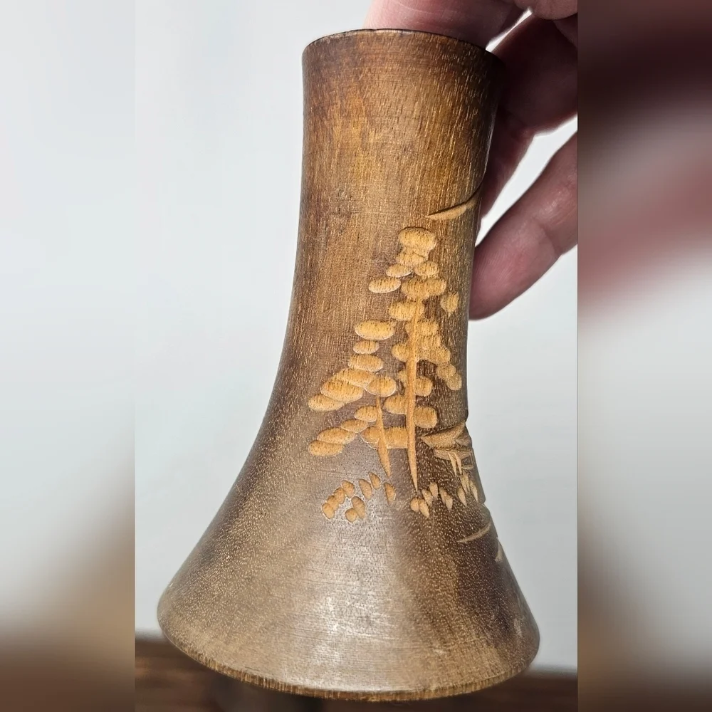 Handcrafted Asian Carved Wood Bud Vases/Candlestick Holders 4.25